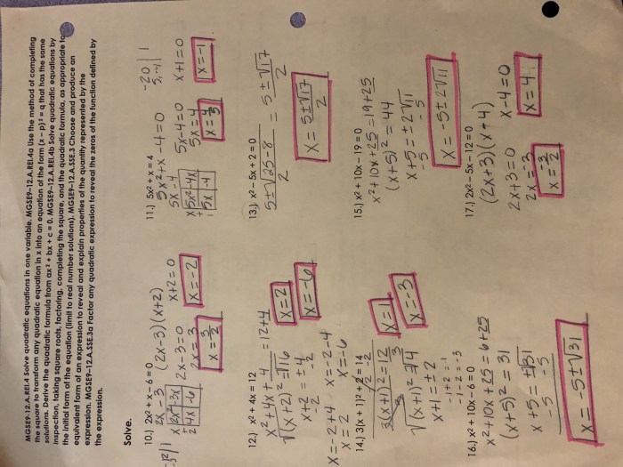 Unit 4 solving quadratic equations answer key